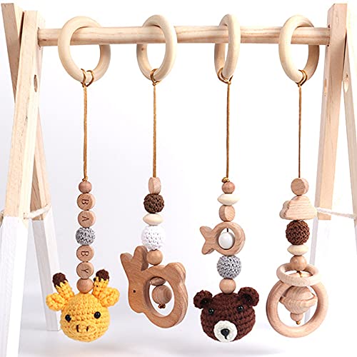 4 Stück Baby Gym Spielzeug, Anhänger Spielbogen Holz Baby Hängende Spielzeug, Baby Beißring Set für Neugeborenen Baby Shower Geschenk (Braun)