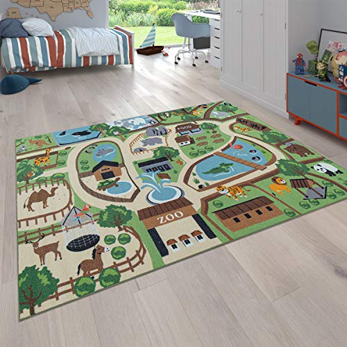 Paco Home Kinder-Teppich Für Kinderzimmer, Spiel-Teppich, Zoo Mit Tiger, Bär, Löwe, Bunt, Grösse:Ø 160 cm Rund