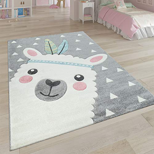 Paco Home Teppich Kinderzimmer Grau 3-D Motiv Alpaka Design Pastellfarben Weich Robust, Grösse:133...