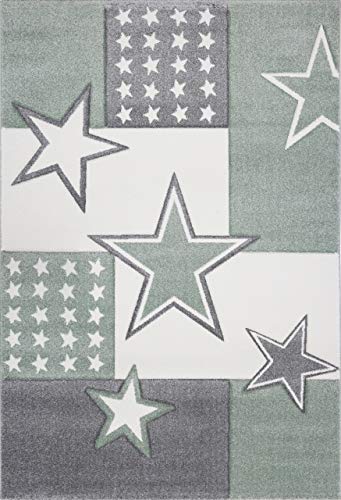 Livone Kuschelweicher Kinderteppich Jugendteppich Sternenteppich Felder Stern in grün Silber grau anthrazit Weiss Größe 120 x 170 cm