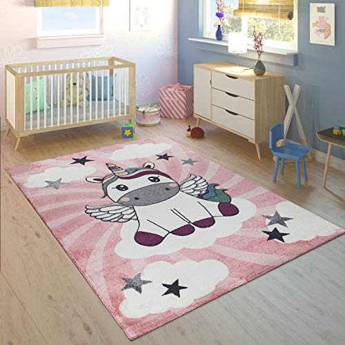 Paco Home Kinderteppich Kinderzimmer Mädchen Modern Einhorn Auf Wolken In Rosa Lila,...
