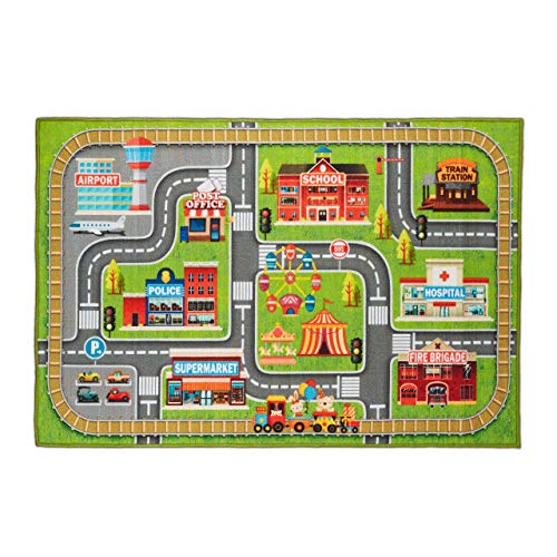 Relaxdays Spielteppich Straße, Stadt-Motiv, rutschfest, Autoteppich für Jungs & Mädchen,...