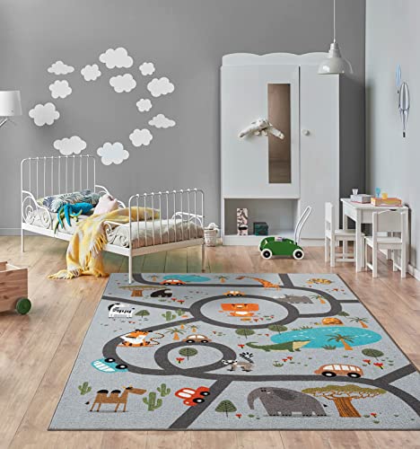 the carpet Happy Life Kinderzimmer, Kinderteppich, Spielteppich, Waschbar, Straßenteppich, Straße, Dschungel, Tiere, Auto, Grau, 140 x 200 cm