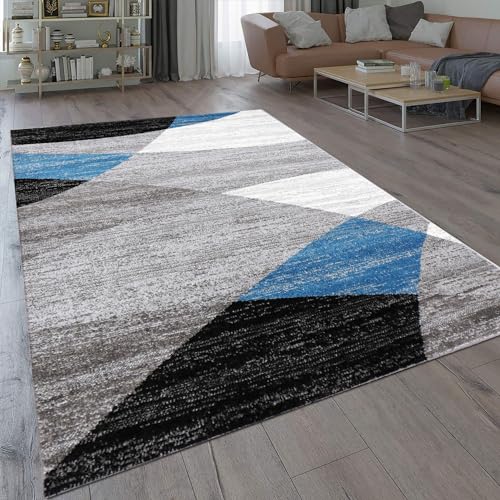 VIMODA Teppich Geometrisches Muster Meliert in Blau Grau Weiß Schwarz Kurzflor Wohnzimmer,...