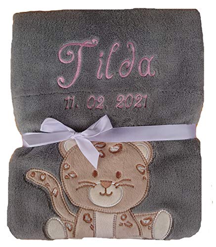 Babydecke viele Farben & Motive mit Namen / Geburtsdatum Bestickt Geschenk Baby (grau Leopard)