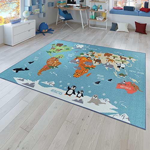 Kinder-Teppich, Spiel-Teppich Für Kinderzimmer, Weltkarte Mit Tieren, In Grün, Größe:Ø 200 cm Rund