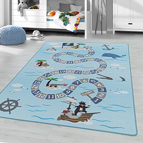 Ayyildiz Kinderteppich Spielteppich Hüpfkästchen Meer, Seemann, Piraten, Schiff Motiv, rechteckig,...