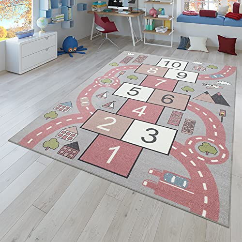 TT Home Kinder-Teppich, Spielteppich Für Kinderzimmer Straßen-Look, Hüpfkästchen, Rosa,...