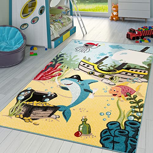 T&T Design Kinderzimmer Teppich Unterwasserwelt Kurzflor in Türkis Grau Grün Pink Blau,...