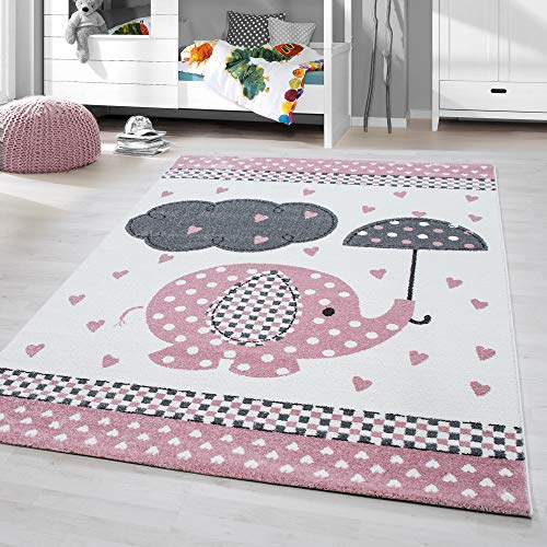 HomebyHome Kurzflor Kinderteppich Elefant mit Regenschirm Babyzimmer Teppich Grau Rosa, Grösse:120 cm Rund