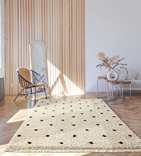 the carpet Bahar Shaggy Hochflor (35 mm) Langflor Wohnzimmer Teppich Punkt Muster Creme-Schwarz 160...