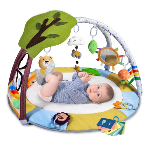 Lupantte Spieldecke Baby mit 9 Spielzeug, Erlebnisdecke mit Spielbogen und Sensorik Spielzeug, Krabbeldecke mit 2 Beißring und Bällebad für Babys,Rutschfest,83 x 83 x 50 CM, Alter Neugeborene +