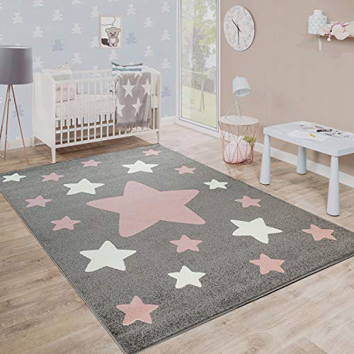 Paco Home Teppich Kinderzimmer Kinderteppich Große Und Kleine Sterne In Grau Rosa, Grösse:120x170 cm