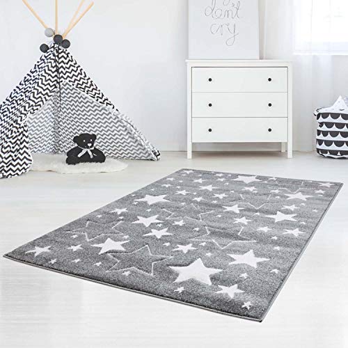 carpet city Kinderteppiche Sterne Motiv Grau 80x150 cm Glanzgarn Spielteppich