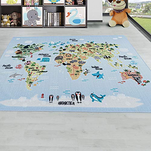 Carpetsale24 Kinderteppich Weltkarte mit Tieren Design Blau 80 x 120 cm Läufer - Kurzflor Teppich...