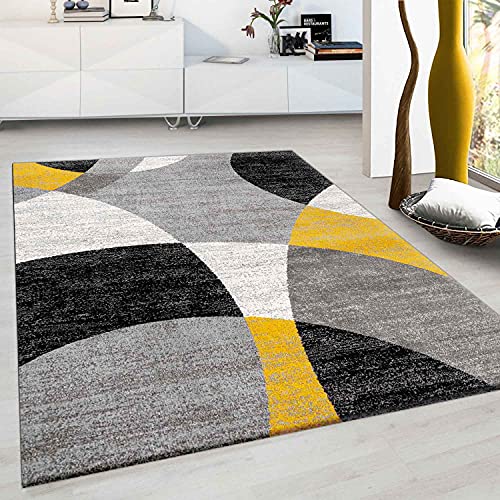 VIMODA Teppich Geometrische Kreismuster Meliert in Grau Weiß Schwarz und Gelb, Maße:120x170 cm