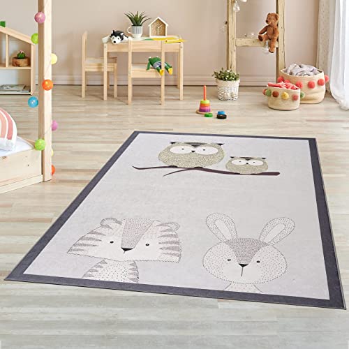 Siela Kinder-Teppich 120 x 180 cm Grau mit Eule I Hochwertiger Polyester-Teppich waschbar &...