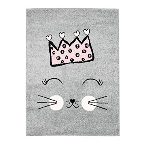 MyShop24h Kinderteppich Flachflor Kids Teppich Kinderzimmer Spielzimmer mit Katze und Krone in...