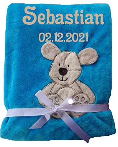 Wuff-Dogsworld Babydecke viele Farben & Motive mit Namen/Geburtsdatum Bestickt Geschenk Baby (blau...