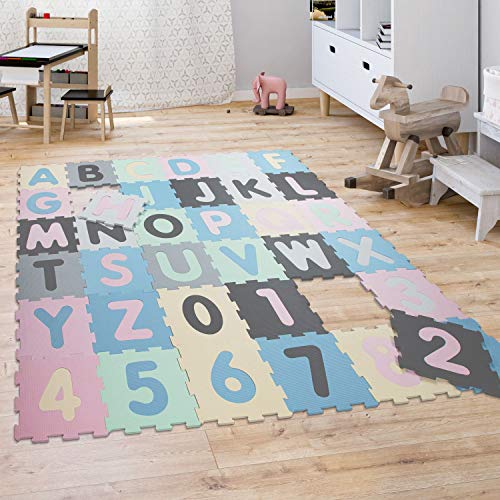 Puzzlematte Spielmatte Schaumstoffmatte Baby Kinder Matte rutschfest Zahlen Buchstaben Pastell 36 Teile, Grösse:32x32 cm x 36 STK, Farbe:Mehrfarbig