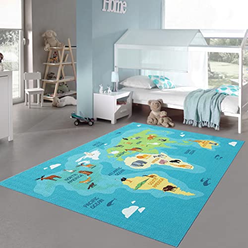 Teppich-Traum Kinderzimmerteppich Weltkarten-Lernspiel Kontinente Tiere & Meere in blau grün,...