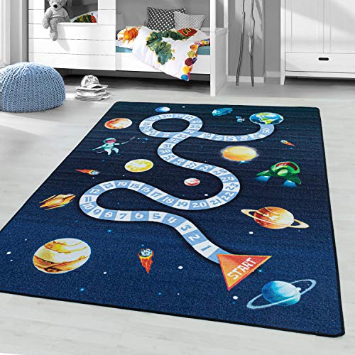 Ayyildiz Kinderteppich Spielteppich Hüpfkästchen, Raumschiff, Astronaut, Weltraum, Planeten Motiv,...