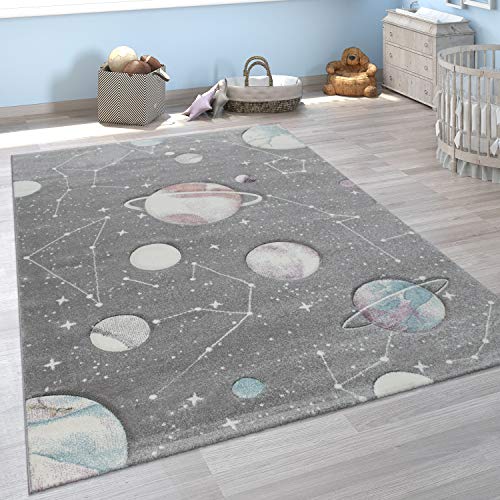 Paco Home Kinder-Teppich, Spiel-Teppich Für Kinderzimmer Mit Planeten Und Sternen, In Grau,...