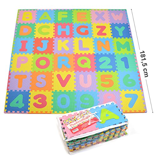 Puzzlematte XXL, 110 Teile für Kinder, aus rutschfestem Eva - 3,3m² große Spielmatte Baby, inkl. Rand-Teile 30 x 30 x 1 cm - Kinderteppich, Puzzlematte Baby mit Zahlen und Buchstaben inkl. Tasche
