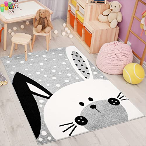 carpet city Kinderteppich Bubble Kids Flachflor Schlappohr-Hase, weiß gepunktet in Rosa, Grau,...