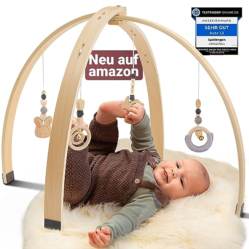 AMAZINGs Spielbogen Baby aus Holz | Nachhaltiger Spielebogen mit Tasche und Baby Spielzeug,...
