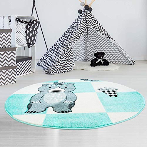 carpet city Kinderteppich Bueno Indianer-Bär Tipi Mint Türkis mit Konturenschnitt, Glanzgarn Kinderzimmer; Größe: 160x160 cm Rund