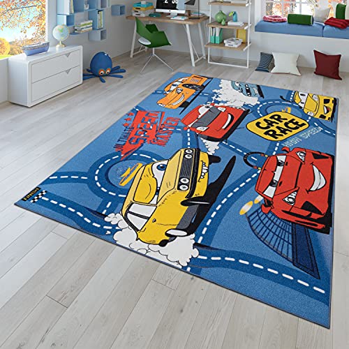 TT Home Kinder-Teppich, Wendbarer Teppich Mit Straßen-Design und Auto-Motiven, In Blau, Größe:140x200 cm