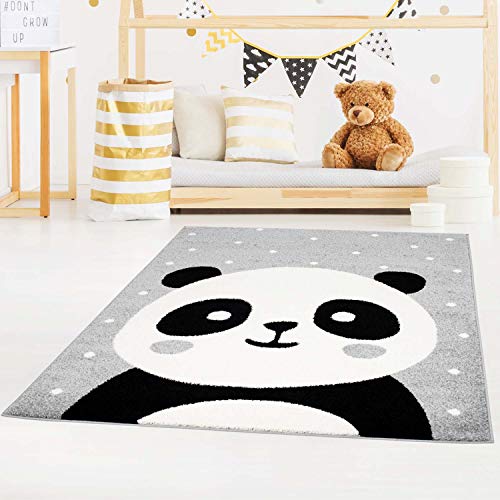 carpet city Kinderteppich Bubble Kids Flachflor Panda-Bär, weiß gepunktet in Grau für Kinderzimmer; Größe: 140x200 cm