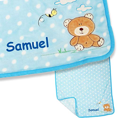 LALALO Teddy Bär Babydecke mit Namen Bestickt in Blau für Jungen, Plüschdecke Schmusedecke,...