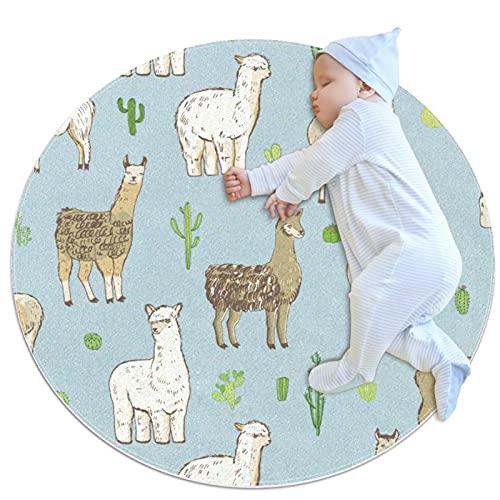 Niedlicher Lama Childish Ultraweicher Baumwoll-Baby-Kinderteppich, runder Teppich, Spielteppich,...