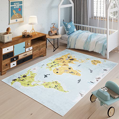 TAPISO Emma Teppich Waschbar bei 30 Grad Weltkarte Bunt Kontinente bedruckter Kinderteppich...
