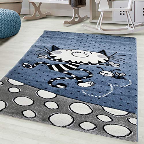 Flycarpets - Tier Kinderteppich - Indoor Kinderteppich - rechteckig - modern - Kurzflor 12 mm - in Größe 80x150 - in Katze blau - Motiv - türkisch gewebt - 100% Polypropylen