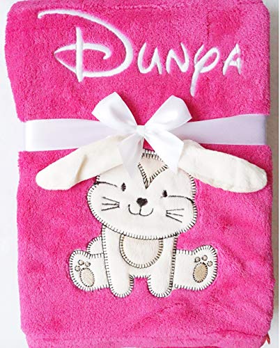★ Babydecke mit Namen und Datum Bestickt ★ Baby Geschenke ★ Geburt ★ (Pink - Hase)
