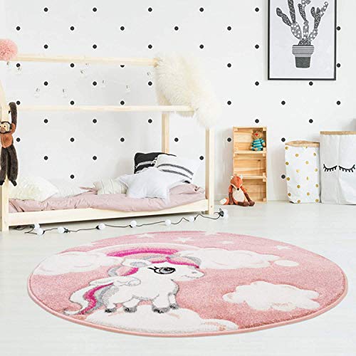 carpet city Kinderteppich Flachflor Bueno Konturenschnitt mit Einhorn Sterne Regenbogen in Rosa für...