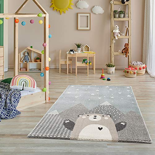 Teppich Kinderzimmer - Teppiche für Kinderzimmer, Kinderteppich, Kinderteppich Mädchen, mit Bergen, Bär, Panda, Punkte, Sterne - Türkis-Beige – Größe – 160x230 cm