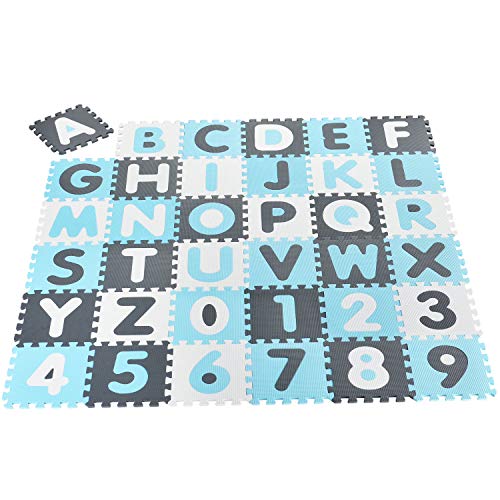 Juskys Kinder Puzzlematte Noah 36 Teile mit Buchstaben A-Z & Zahlen 0-9 - rutschfest — blau für Jungen - Puzzle ab 10 Monate - Spielmatte