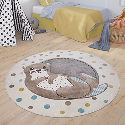 TT Home Teppich Kinderzimmer Kinderteppich Punkte Tiere Design Otter Motiv Kurzflor, Farbe: Grau...