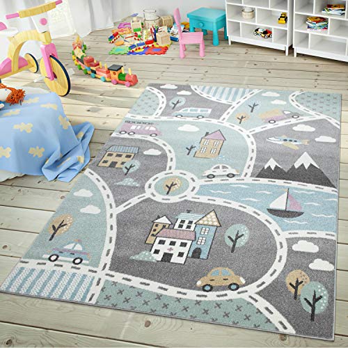 TT Home Kinder-Teppich, Spiel-Teppich Für Kinderzimmer, Mit Straßen-Motiv, In Grün Grau, Größe:160x220 cm