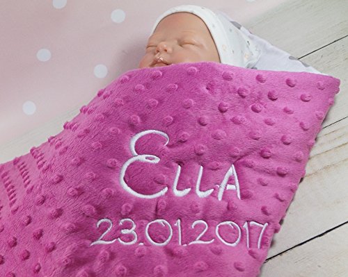 Babydecke mit Namen und Datum bestickt MINKY Baumwolle Füllung personalisiert (Pink - Sternen)
