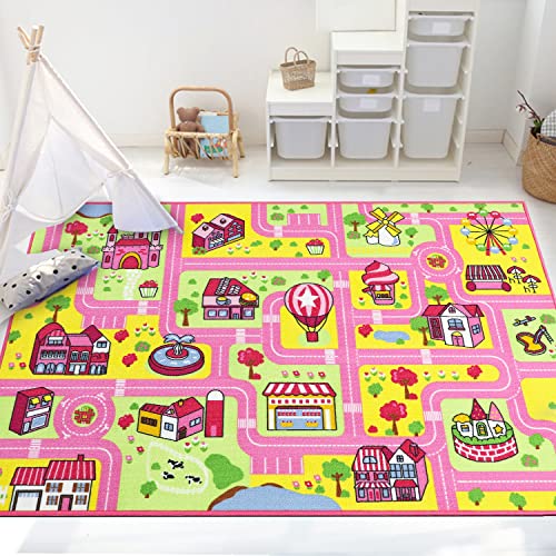 Capslpad Kinder Teppiche,Rosa Spielteppich für Kinder Stadtstadt Straße 160x100cm Kinderteppich...