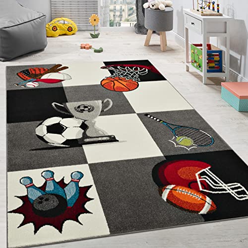 Paco Home Kinderteppich Pokal Basketball Fussball Kinder Teppich Tennis Karo Grau Creme,...