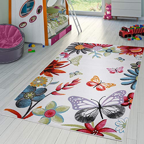 Kinderteppich Multicolour Schmetterling Bunt Creme Türkis Creme Blau Pink Grau, Größe:80x150 cm