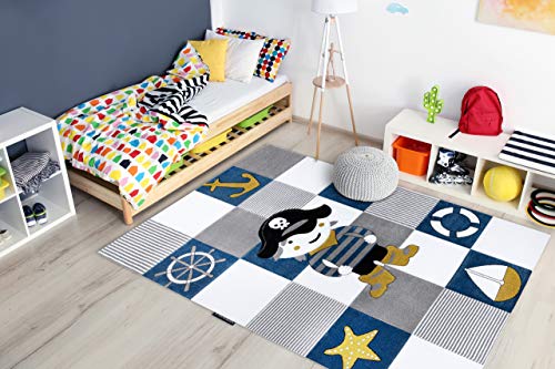 rugsx Kinderteppich Petit für Babyzimmer, Spielteppiche, Kinderzimmer, Corsair Pirat Anker Schiff blau 140x190 cm