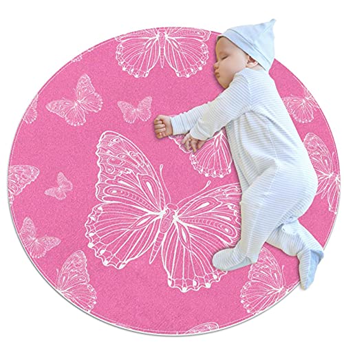 Runder Teppich Kinderzimmer Rosa Schmetterling Kinderteppich rutschfeste Babymatte Dekorativ Teppich Für Kinder Jungen Mädchen 70x70cm