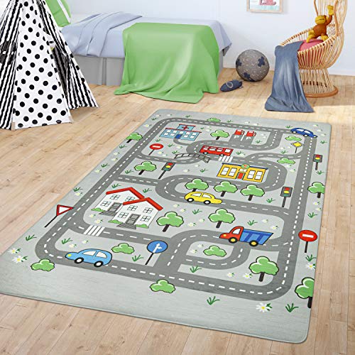 TT Home Teppich Kinderzimmer Spielteppich Babymatte Jungs Straßenteppich Auto Stadt Motiv, Farbe:Grau, Größe:120x160 cm
